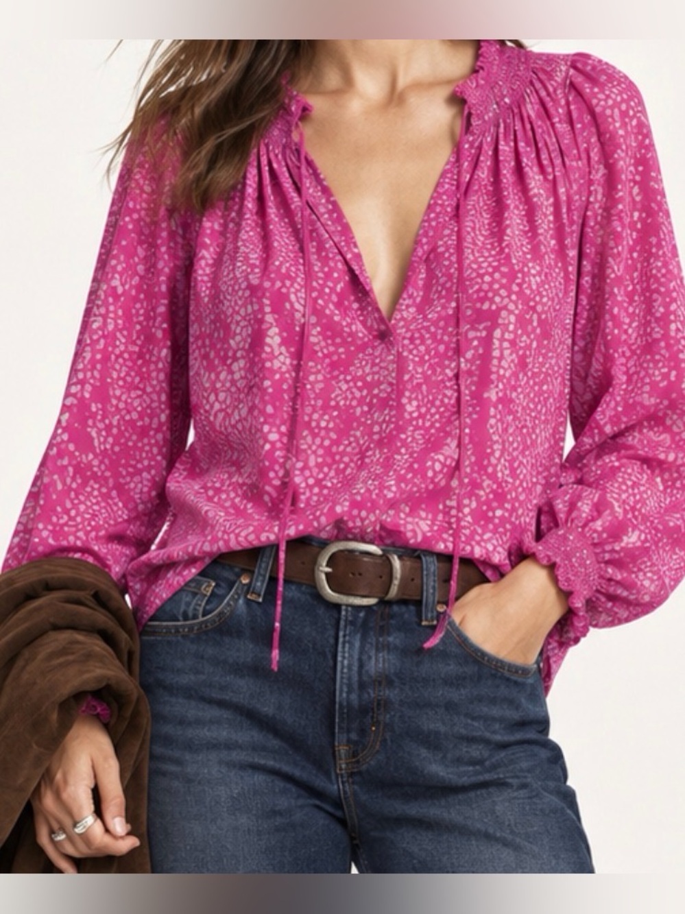Rungolee - “Kiki” Silk Fuchsia Smocked Neck Long-Sleeve, Size Medium